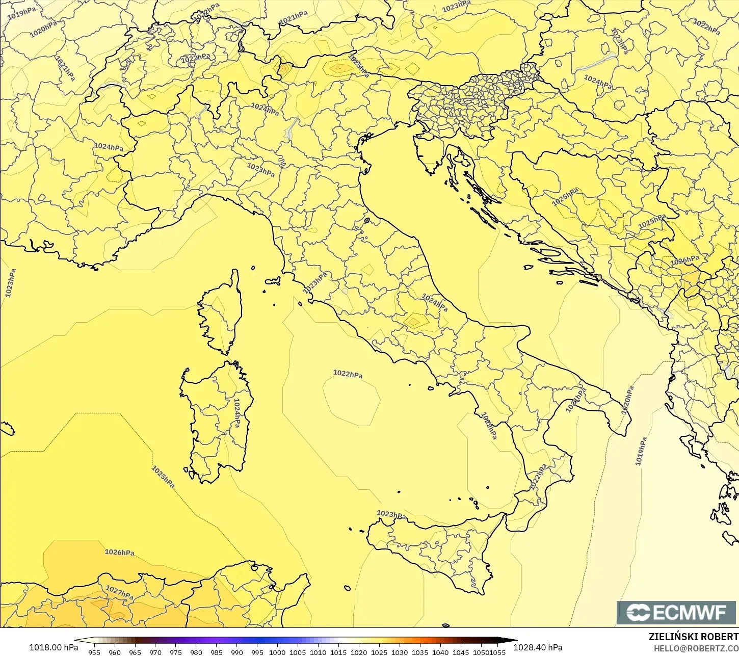 ECMWF IFS 0.25° modelo - Italia, Presión