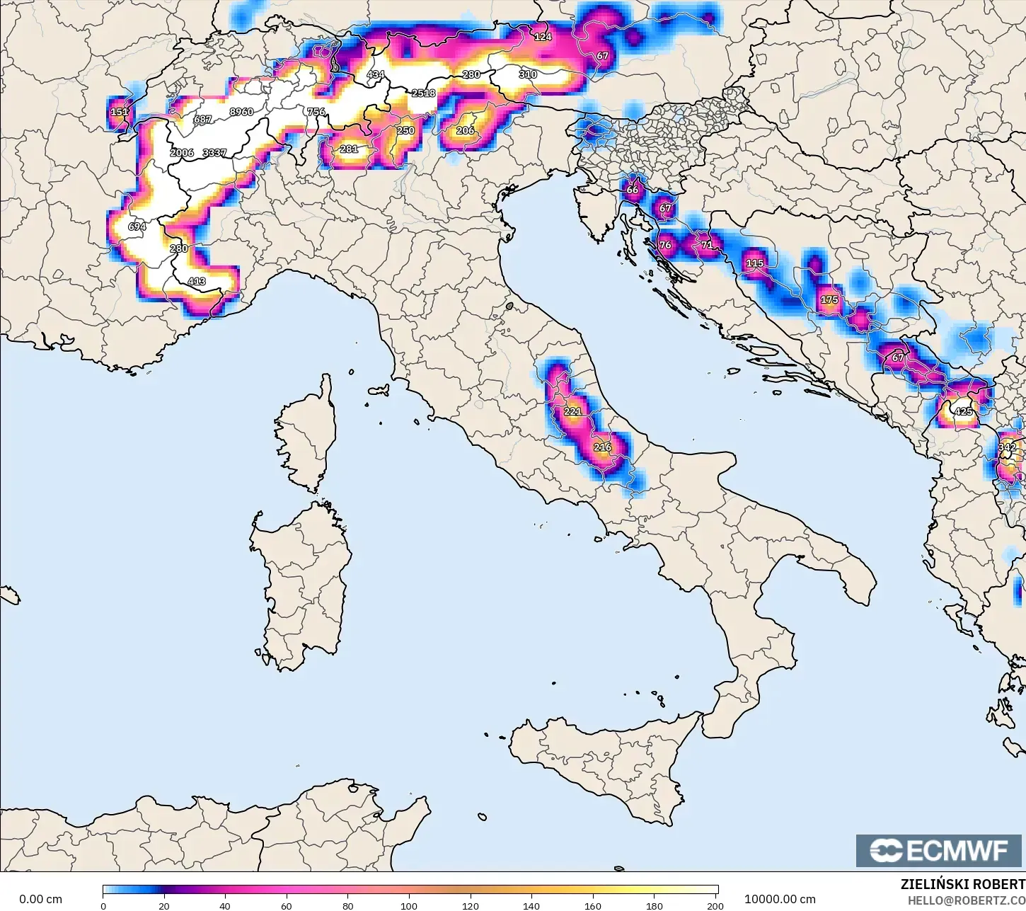 ECMWF IFS 0.25° modelo - Italia, Profundidad de nieve