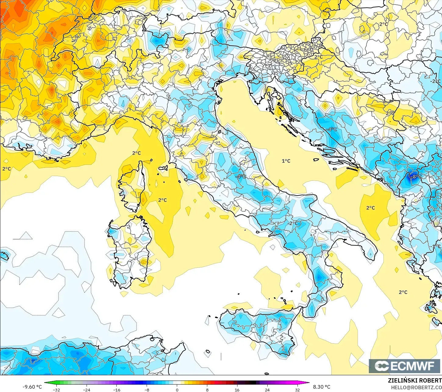 ECMWF IFS 0.25° modelo - Italia, Anomalía de temperatura a 2 m
