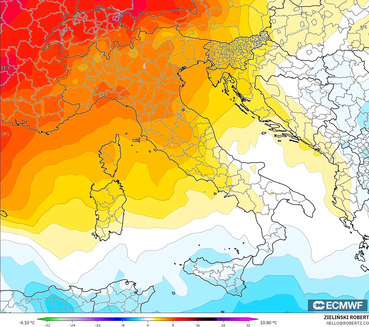 ECMWF IFS 0.25° modelo - Italia, Anomalía de temperatura a 850 hPa