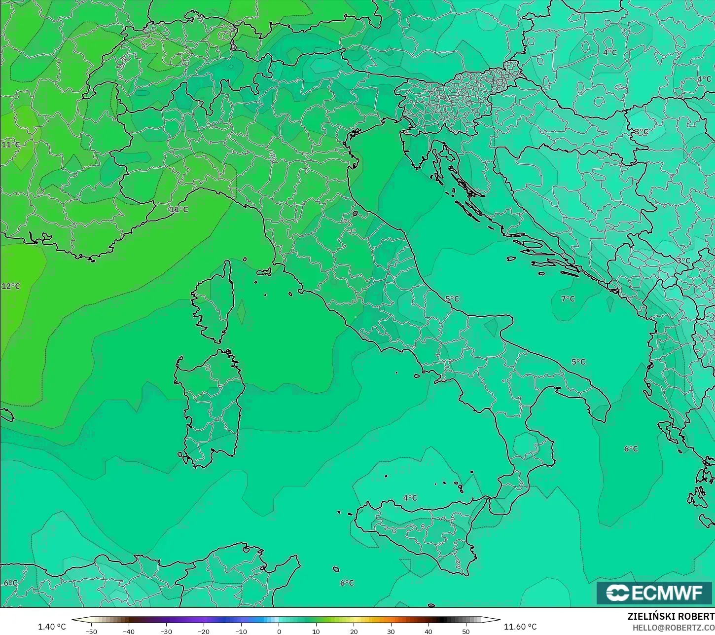 ECMWF IFS 0.25° modelo - Italia, Temperatura a 850 hPa
