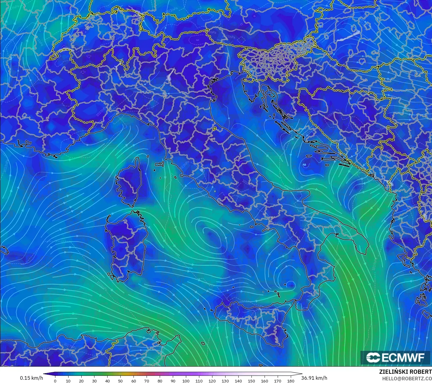 ECMWF IFS 0.25° modelo - Italia, Viento a 10 m
