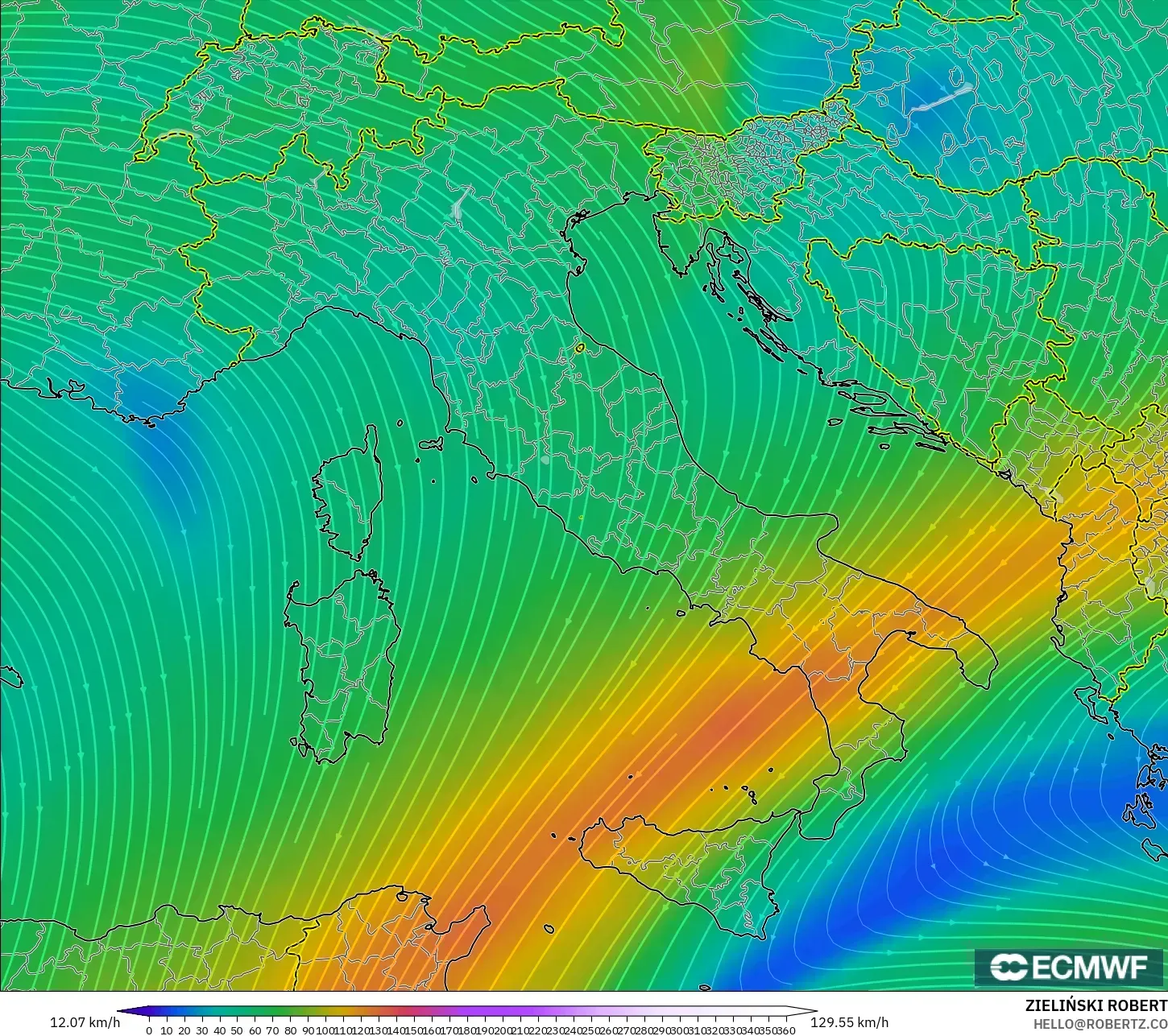 ECMWF IFS 0.25° modelo - Italia, Viento a 300 hPa (corriente en chorro)