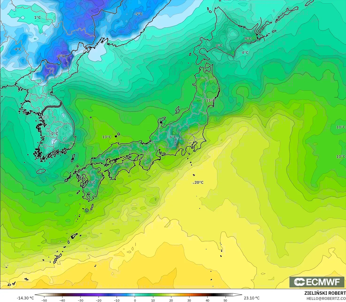 ECMWF IFS 0.25° modelo - Japón, Punto de rocío a 2 m