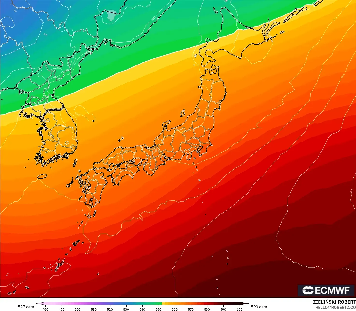 ECMWF IFS 0.25° modelo - Japón, Altura geopotencial a 500 hPa