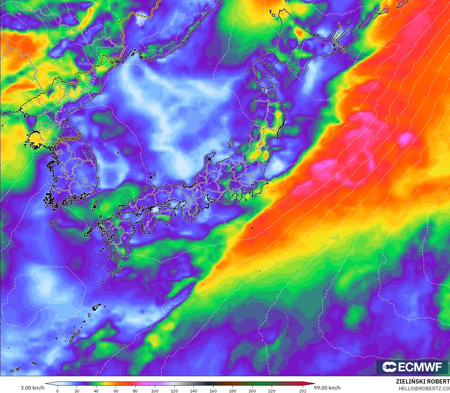 ECMWF IFS 0.25° modelo - Japón, Ráfagas de Viento Máximas