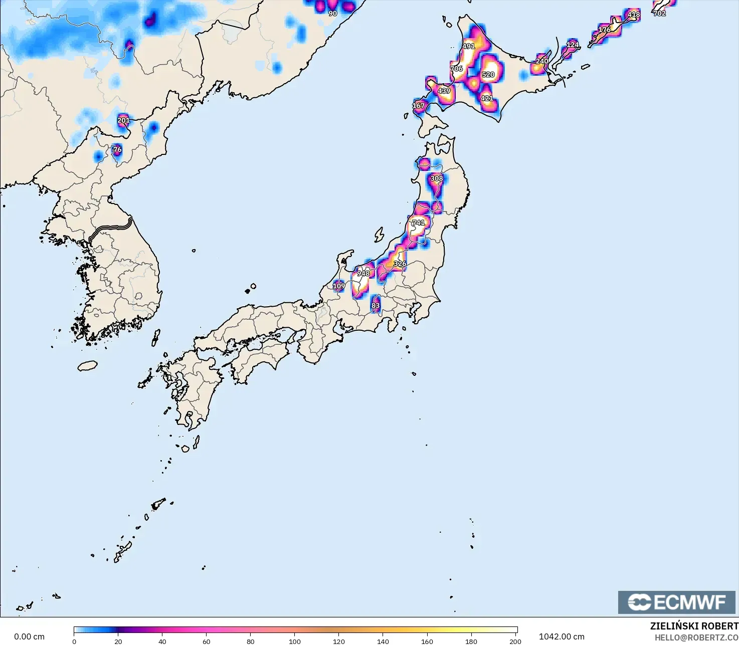 ECMWF IFS 0.25° modelo - Japón, Profundidad de nieve