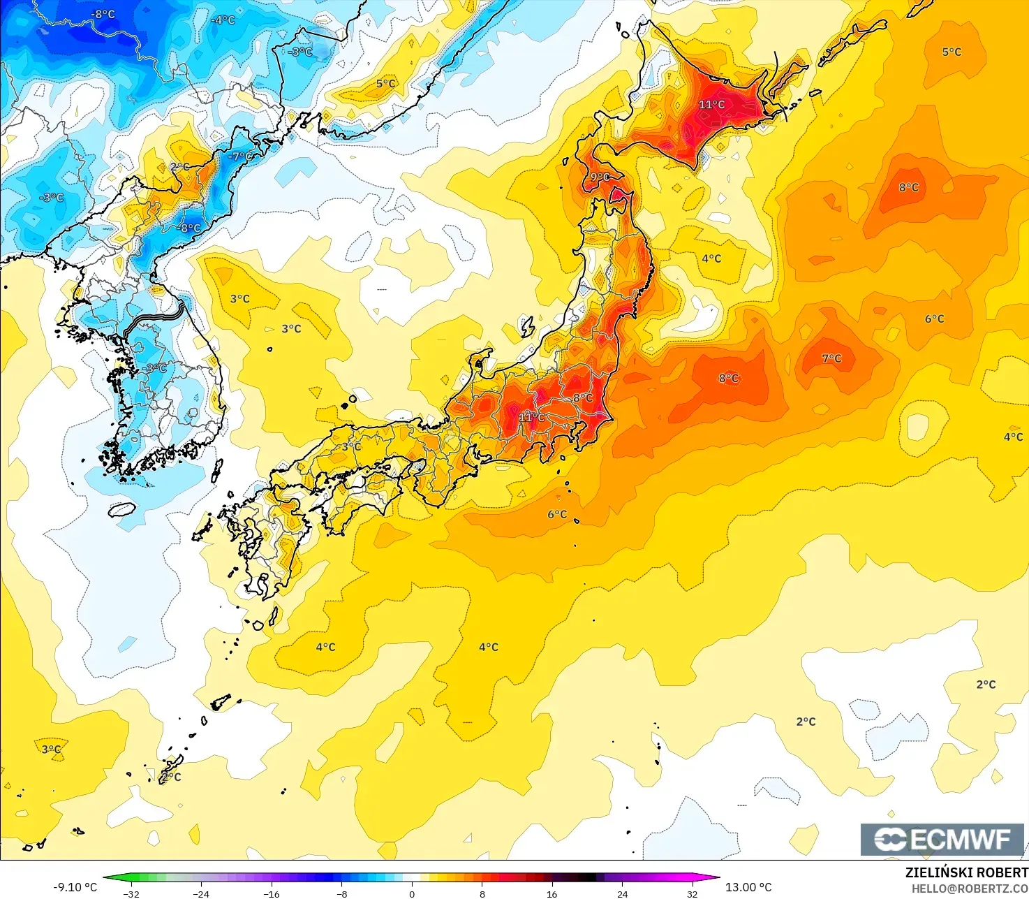ECMWF IFS 0.25° modelo - Japón, Anomalía de temperatura a 2 m