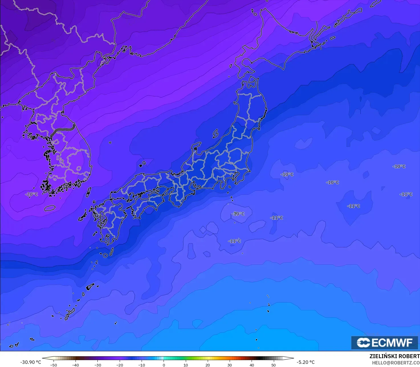 ECMWF IFS 0.25° modelo - Japón, Temperatura a 500 hPa