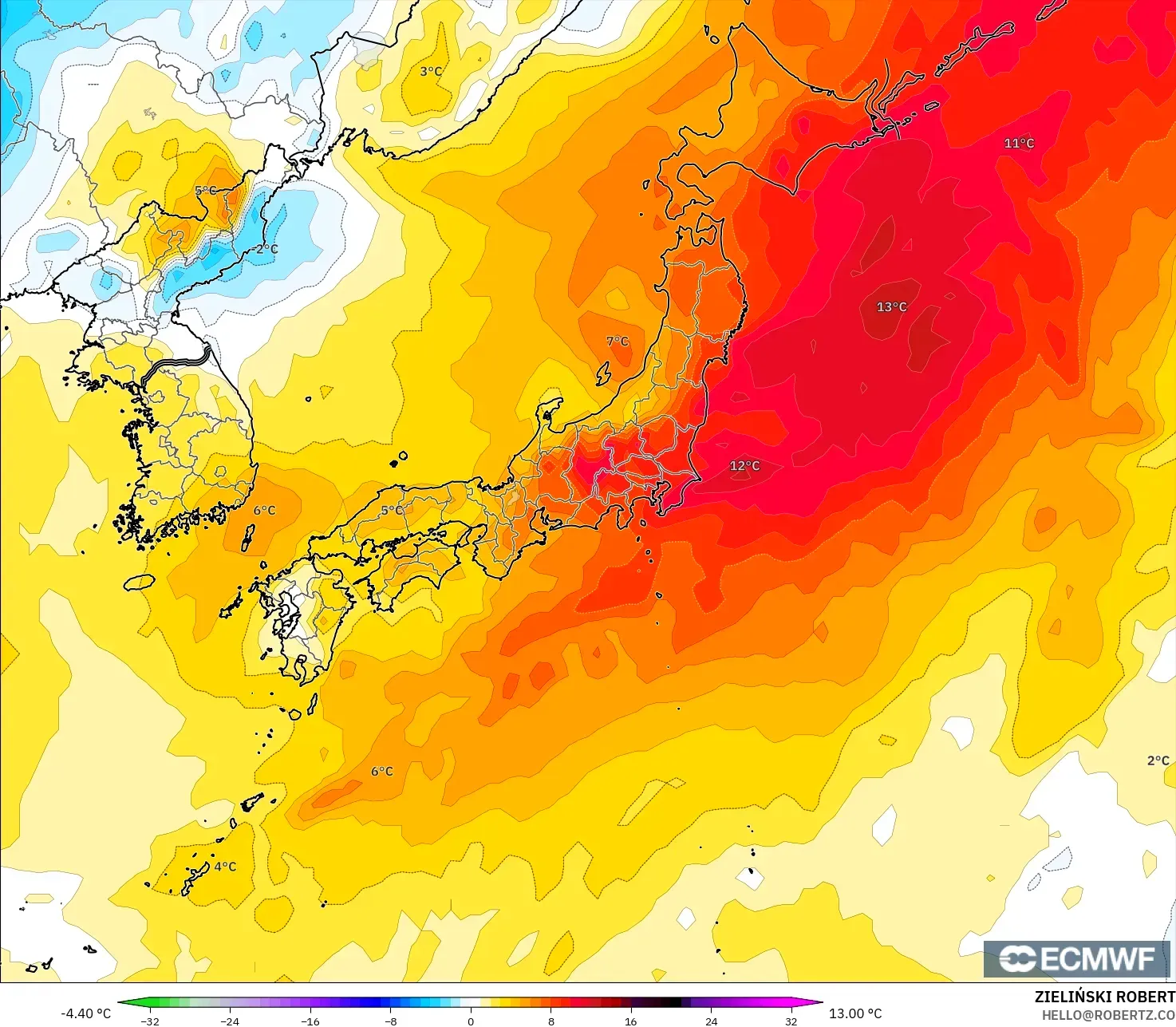 ECMWF IFS 0.25° modelo - Japón, Anomalía de temperatura a 850 hPa