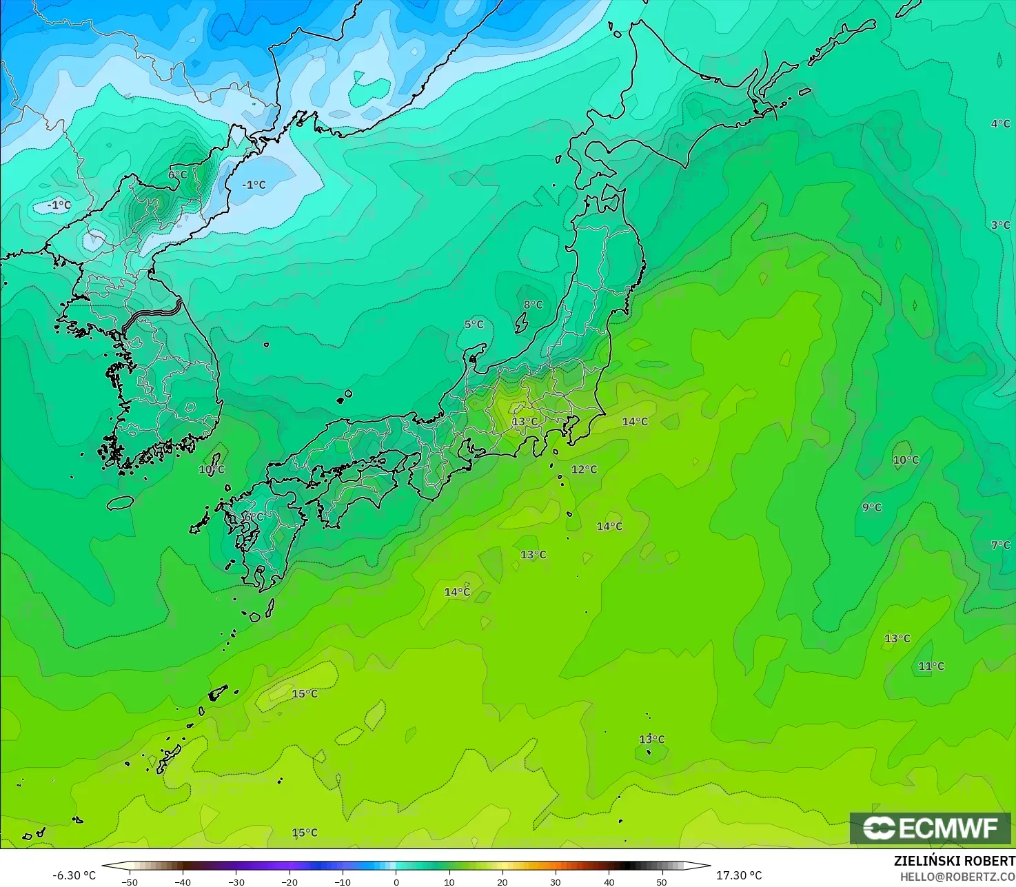 ECMWF IFS 0.25° modelo - Japón, Temperatura a 850 hPa