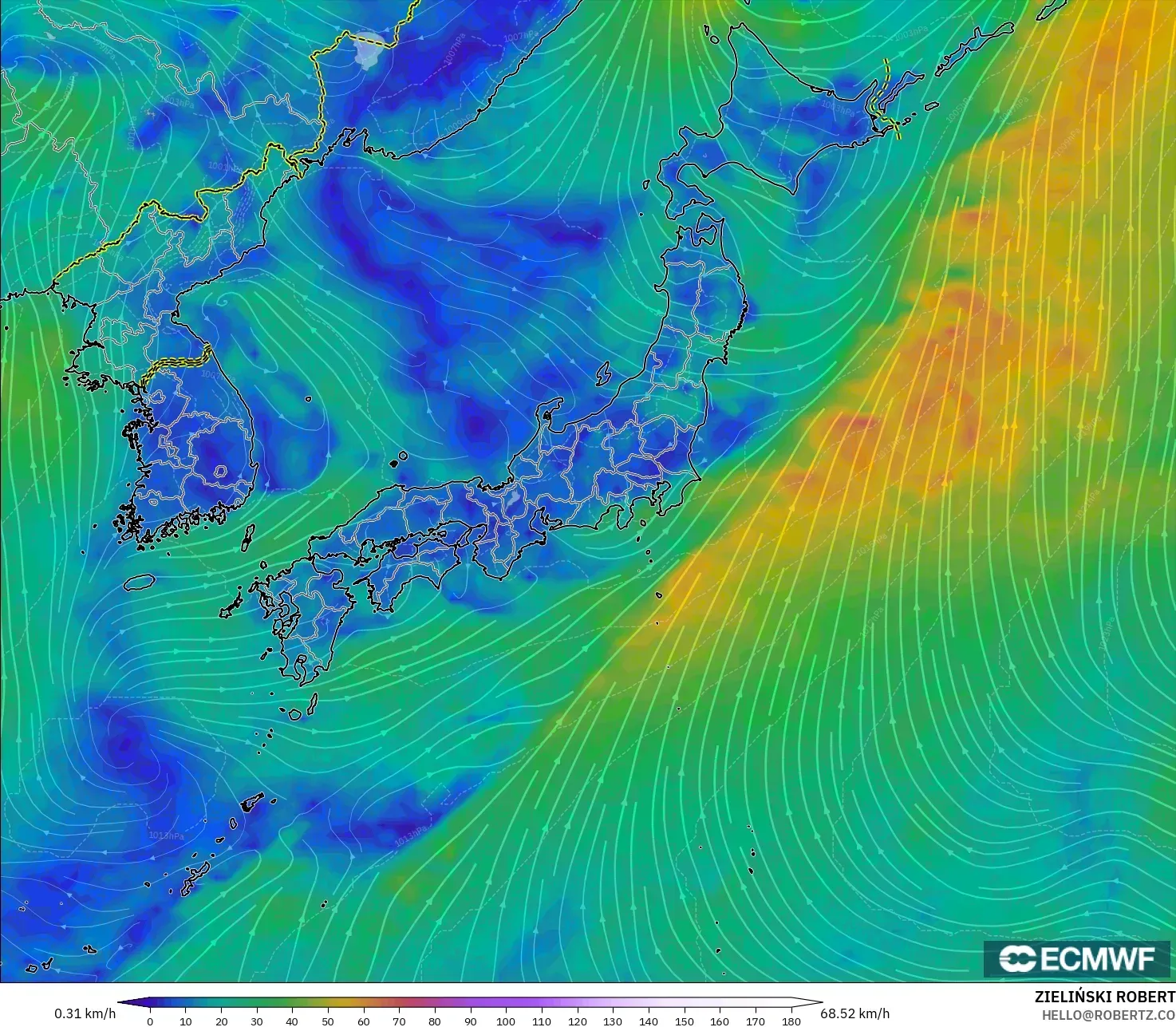 ECMWF IFS 0.25° modelo - Japón, Viento a 10 m
