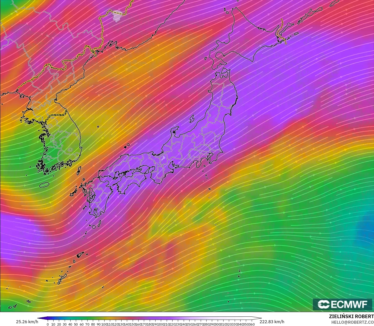 ECMWF IFS 0.25° modelo - Japón, Viento a 300 hPa (corriente en chorro)