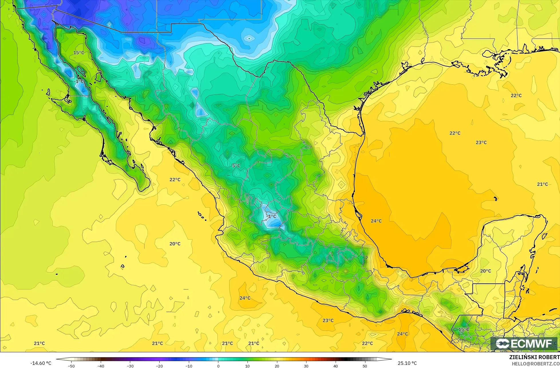 ECMWF IFS 0.25° modelo - México, Punto de rocío a 2 m