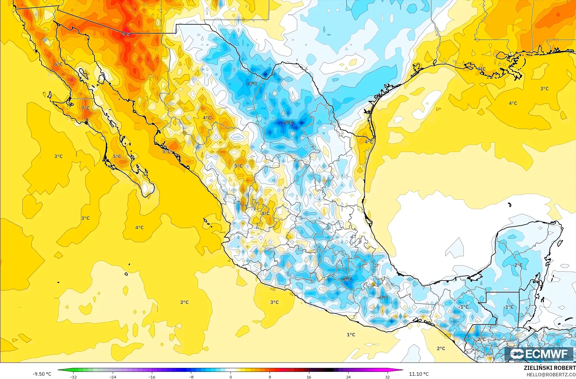ECMWF IFS 0.25° modelo - México, Anomalía de temperatura a 2 m