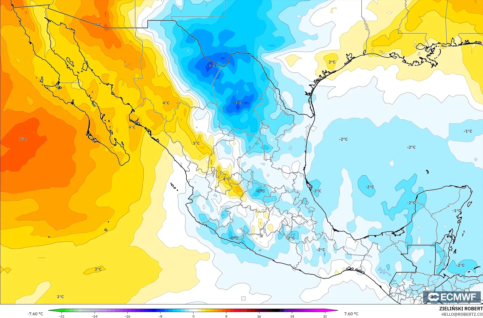 ECMWF IFS 0.25° modelo - México, Anomalía de temperatura a 850 hPa