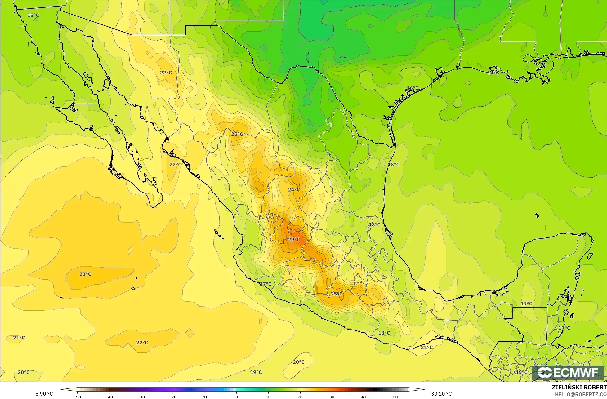 ECMWF IFS 0.25° modelo - México, Temperatura a 850 hPa