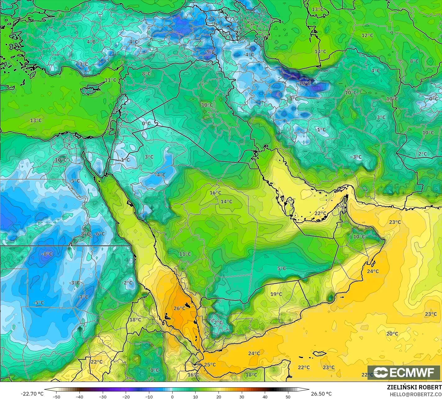 ECMWF IFS 0.25° modelo - Oriente Medio, Punto de rocío a 2 m