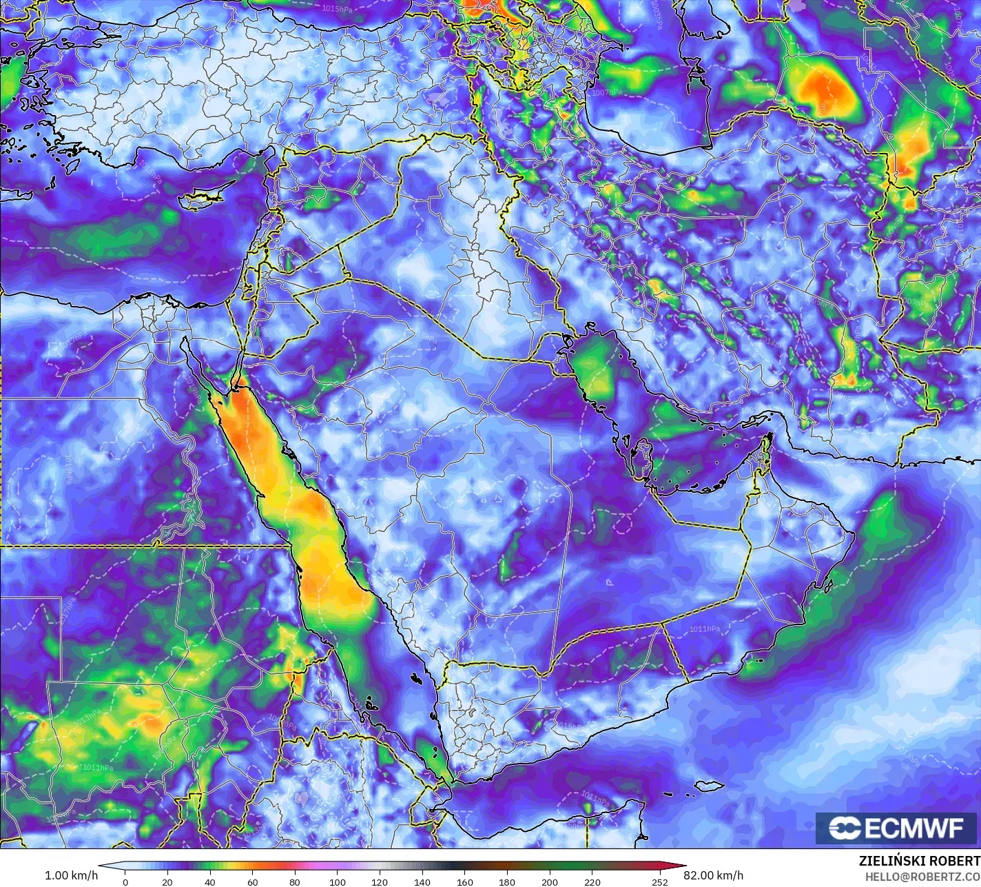ECMWF IFS 0.25° modelo - Oriente Medio, Ráfagas de viento