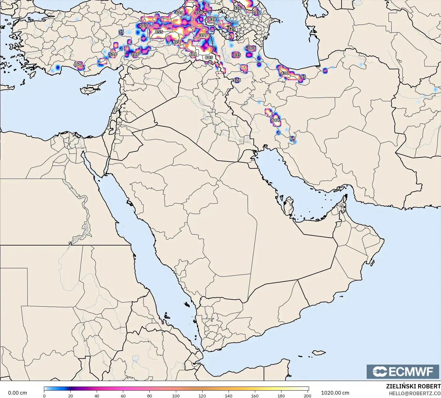 ECMWF IFS 0.25° modelo - Oriente Medio, Profundidad de nieve