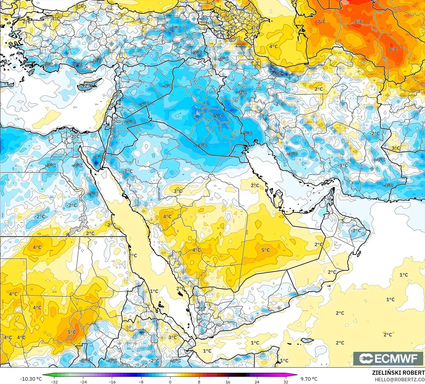 ECMWF IFS 0.25° modelo - Oriente Medio, Anomalía de temperatura a 2 m