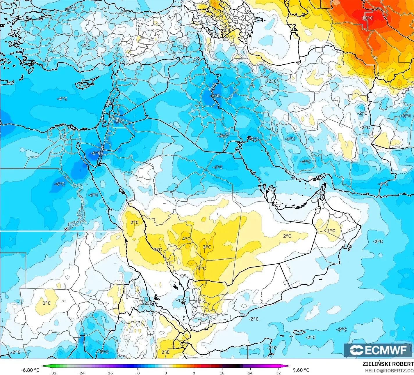 ECMWF IFS 0.25° modelo - Oriente Medio, Anomalía de temperatura a 850 hPa