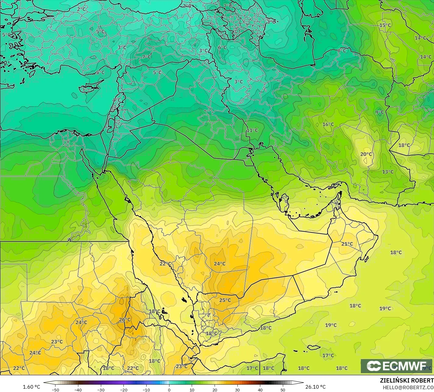 ECMWF IFS 0.25° modelo - Oriente Medio, Temperatura a 850 hPa