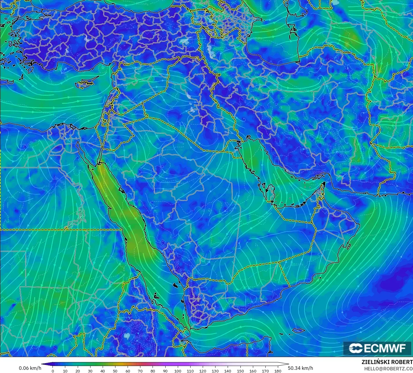 ECMWF IFS 0.25° modelo - Oriente Medio, Viento a 10 m