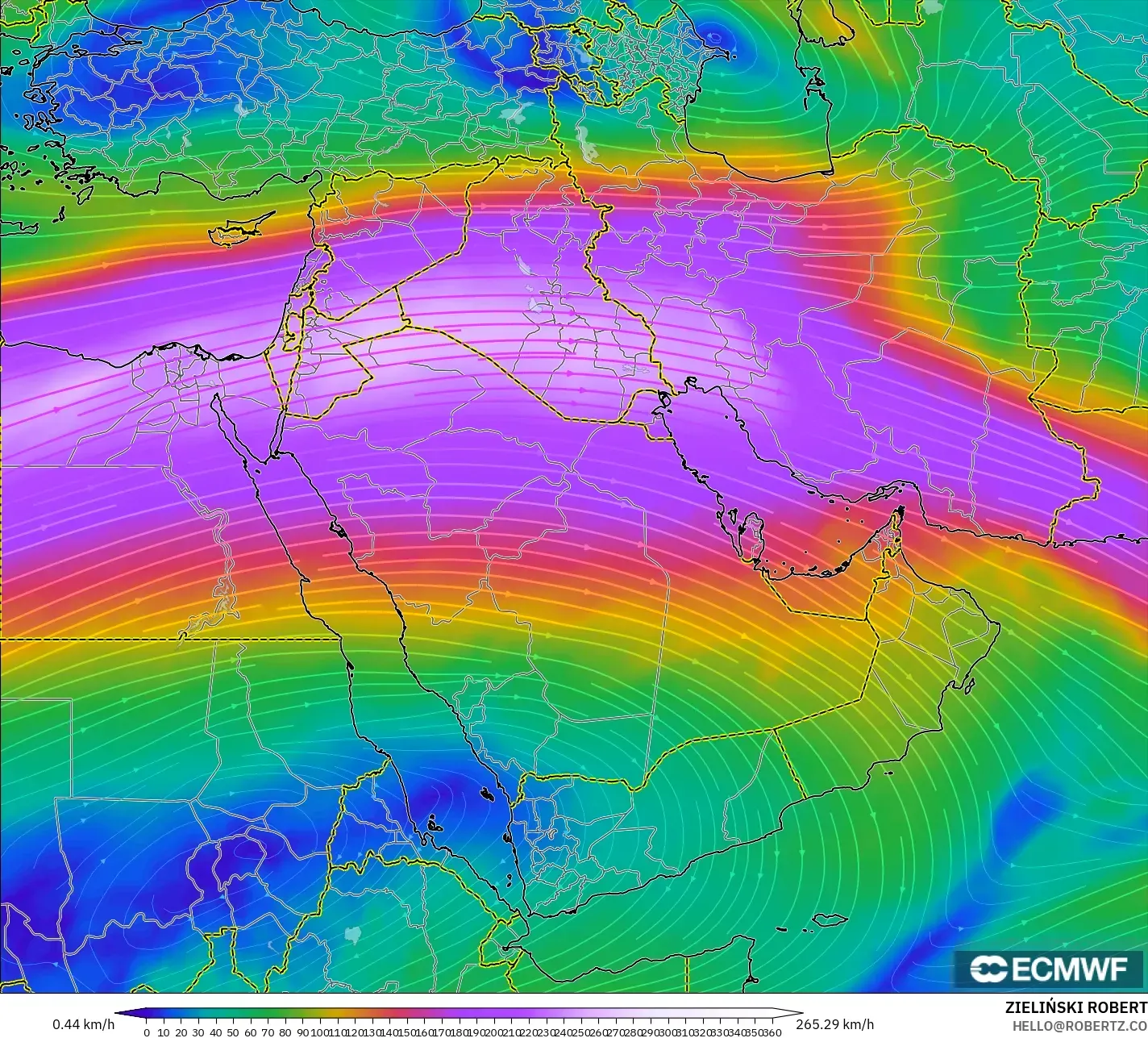 ECMWF IFS 0.25° modelo - Oriente Medio, Viento a 300 hPa (corriente en chorro)