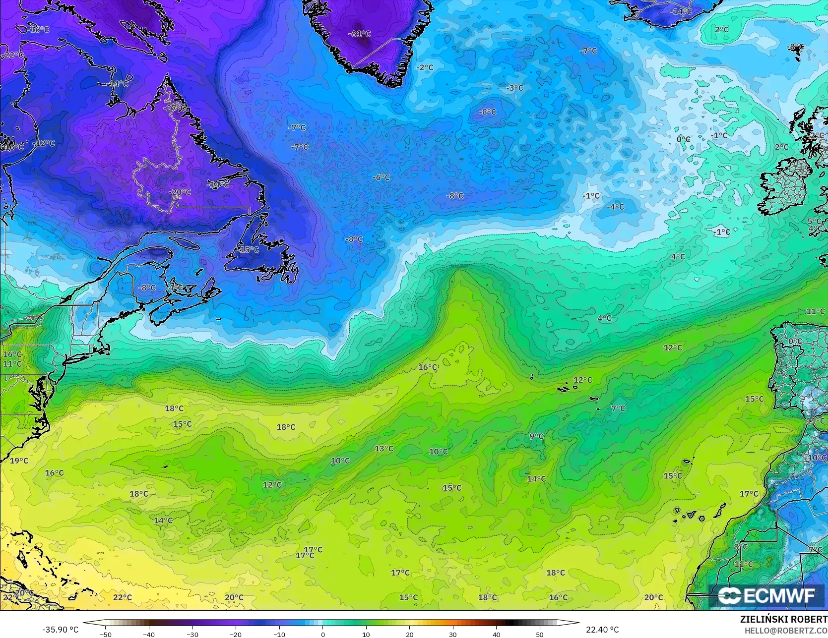 ECMWF IFS 0.25° modelo - Norte Atlántico, Punto de rocío a 2 m