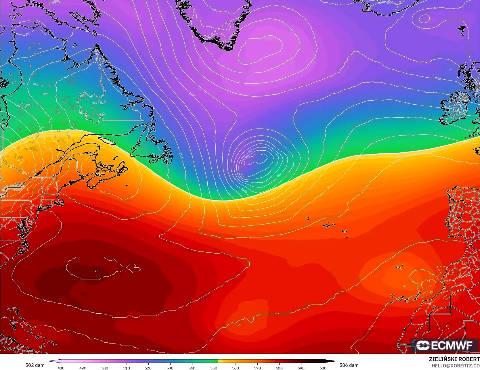 ECMWF IFS 0.25° modelo - Norte Atlántico, Altura geopotencial a 500 hPa