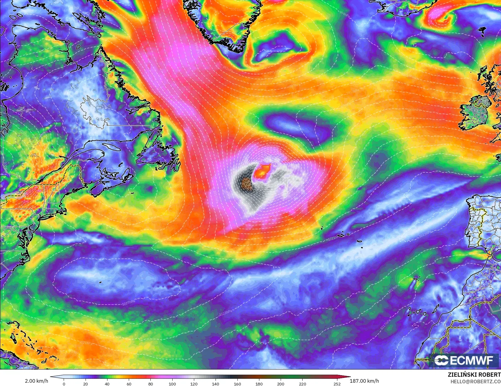ECMWF IFS 0.25° modelo - Norte Atlántico, Ráfagas de viento