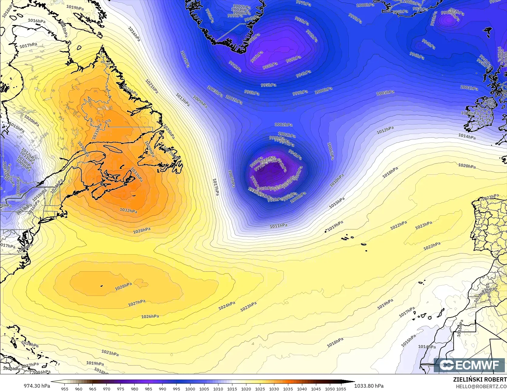 ECMWF IFS 0.25° modelo - Norte Atlántico, Presión