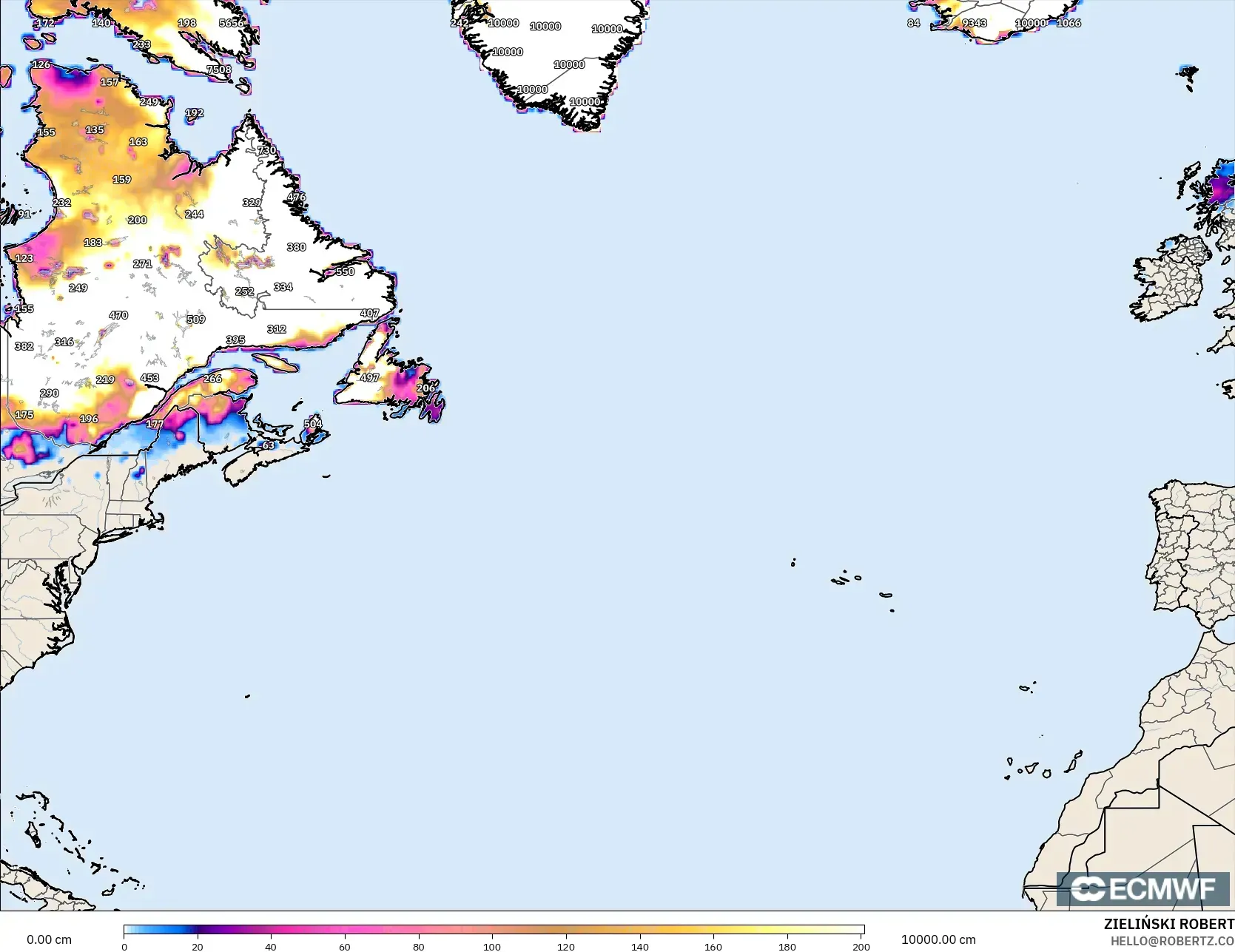 ECMWF IFS 0.25° modelo - Norte Atlántico, Profundidad de nieve