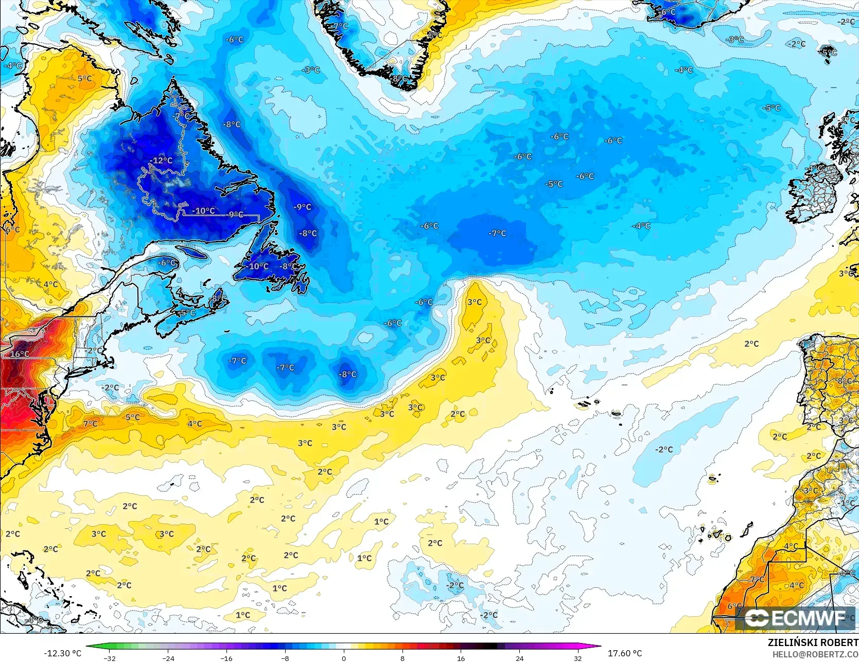 ECMWF IFS 0.25° modelo - Norte Atlántico, Anomalía de temperatura a 2 m