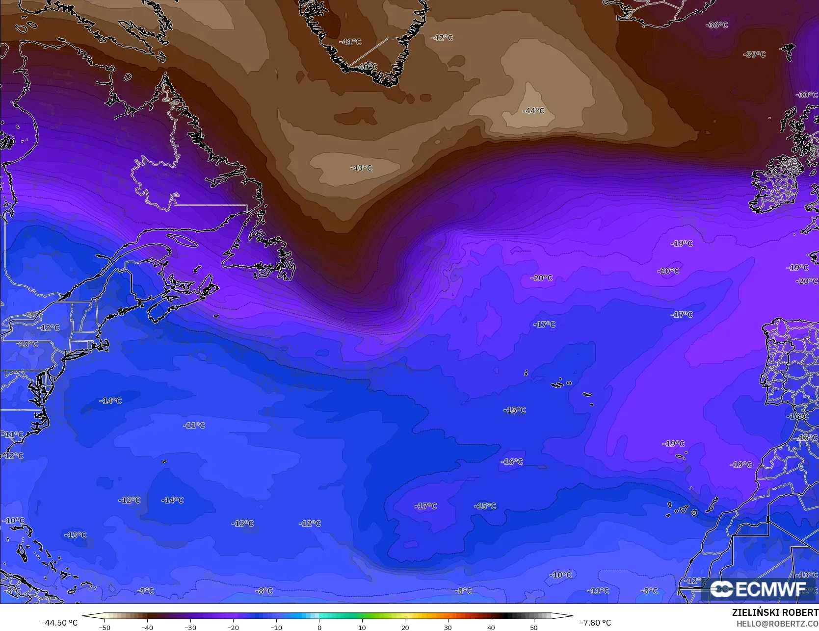 ECMWF IFS 0.25° modelo - Norte Atlántico, Temperatura a 500 hPa