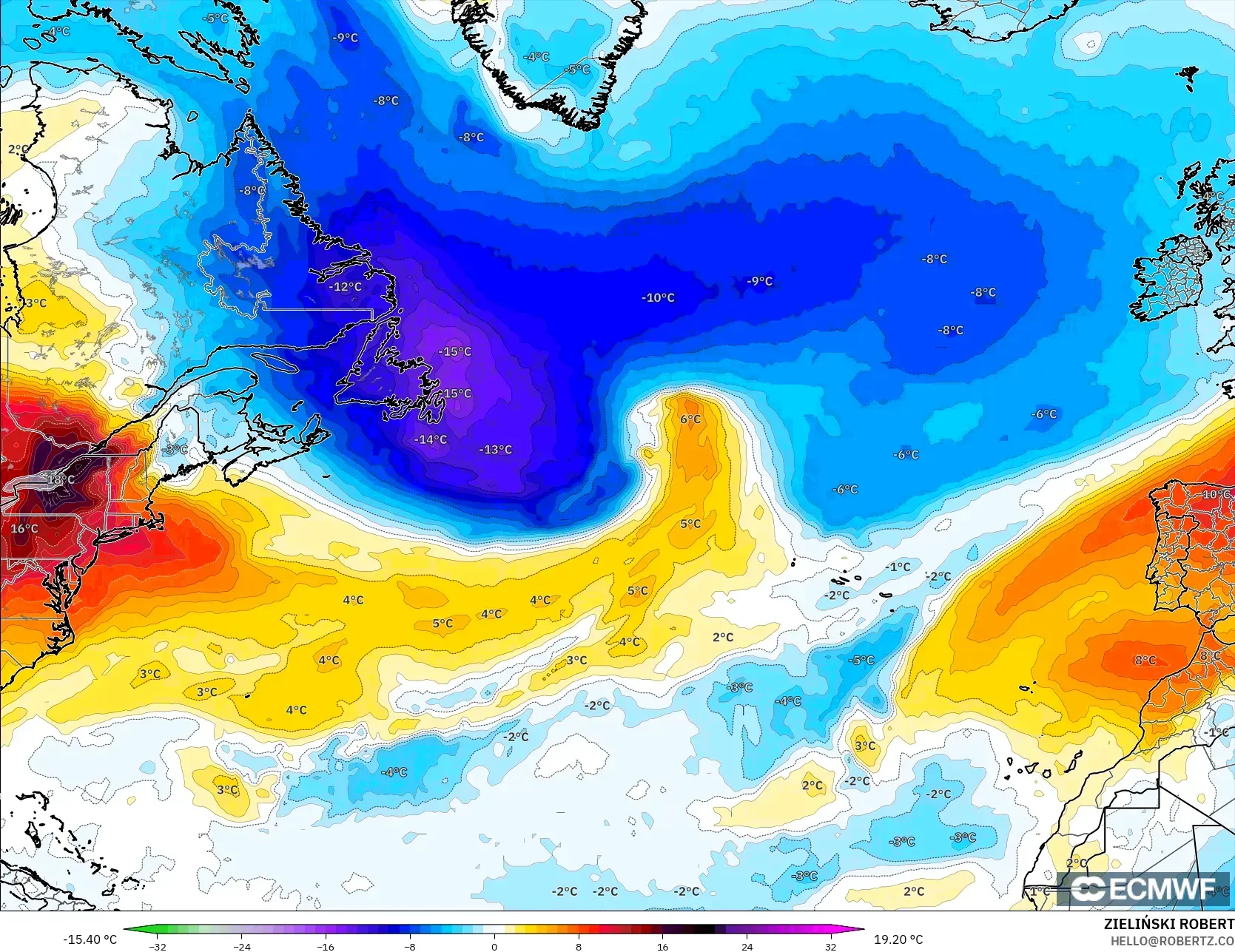 ECMWF IFS 0.25° modelo - Norte Atlántico, Anomalía de temperatura a 850 hPa