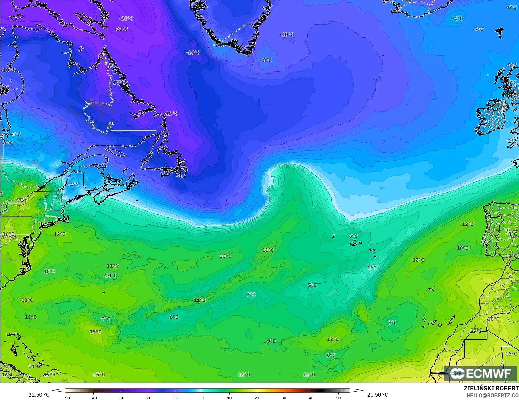 ECMWF IFS 0.25° modelo - Norte Atlántico, Temperatura a 850 hPa