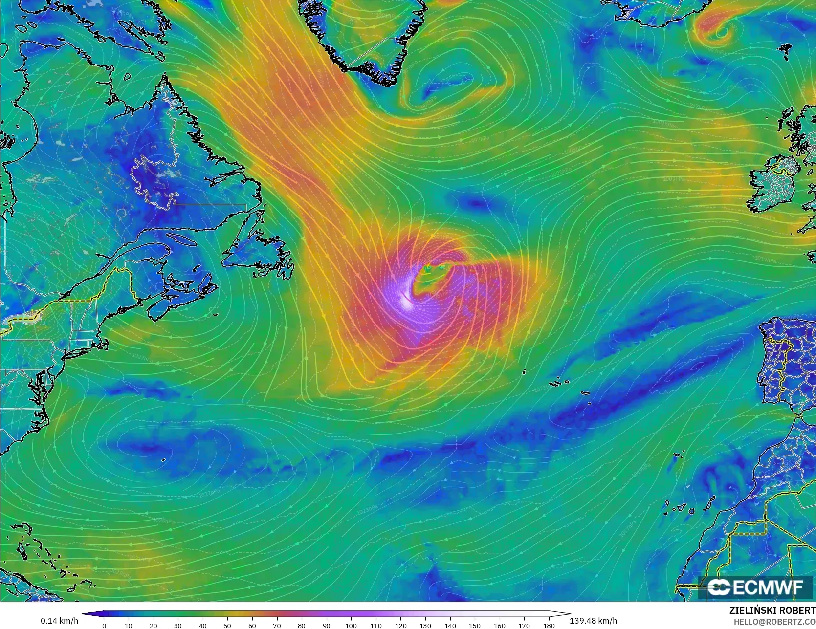 ECMWF IFS 0.25° modelo - Norte Atlántico, Viento a 10 m