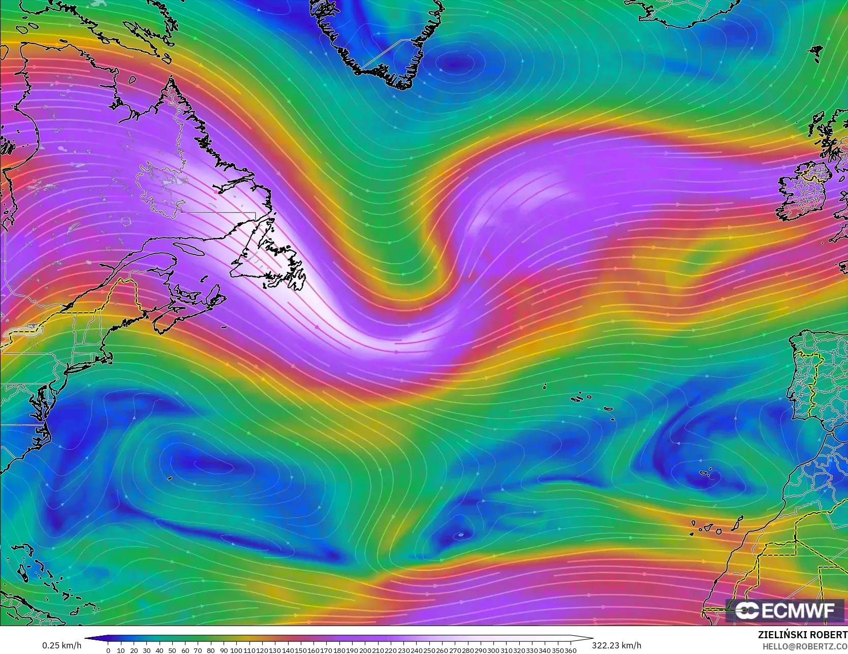 ECMWF IFS 0.25° modelo - Norte Atlántico, Viento a 300 hPa (corriente en chorro)