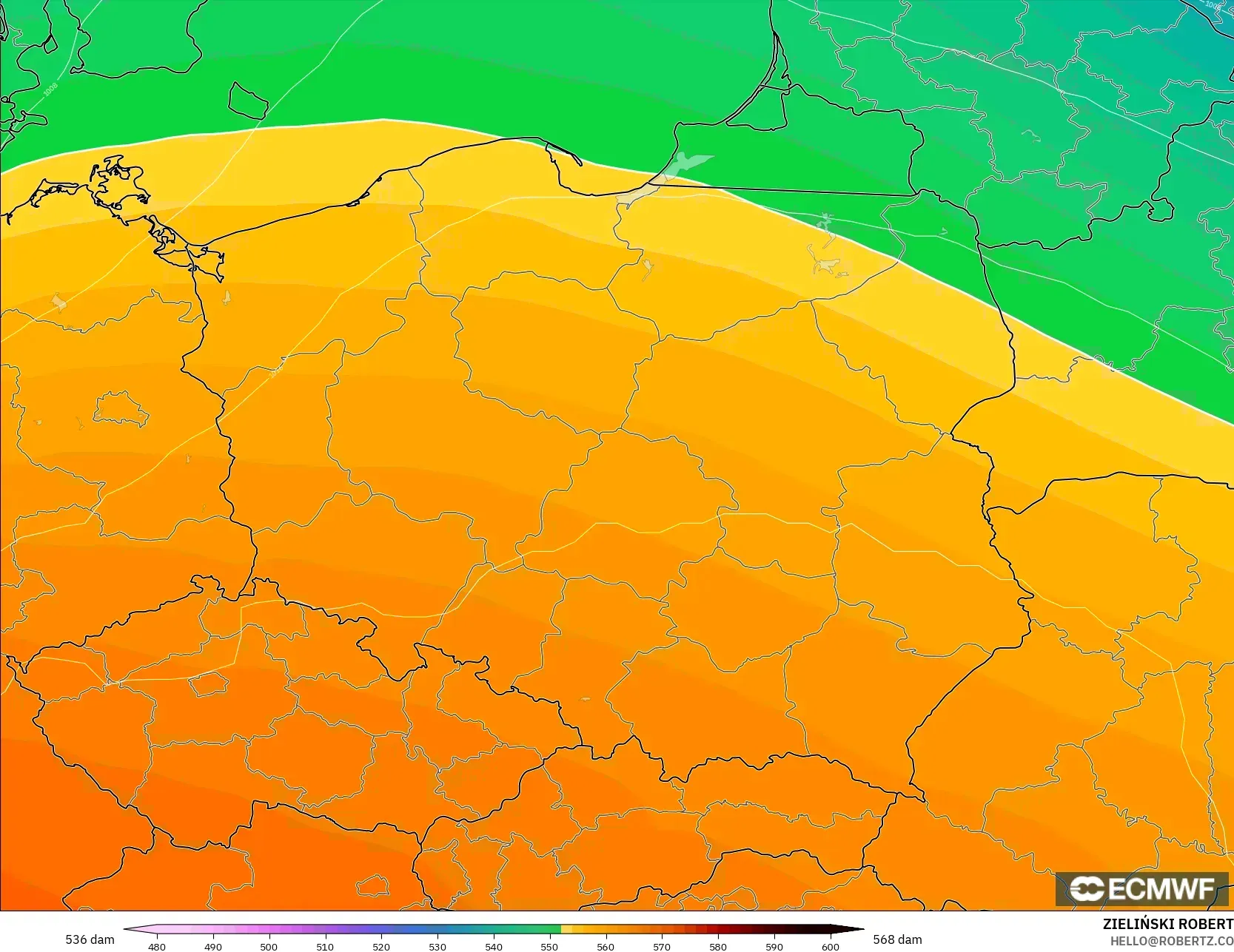 ECMWF IFS 0.25° modelo - Polonia, Altura geopotencial a 500 hPa