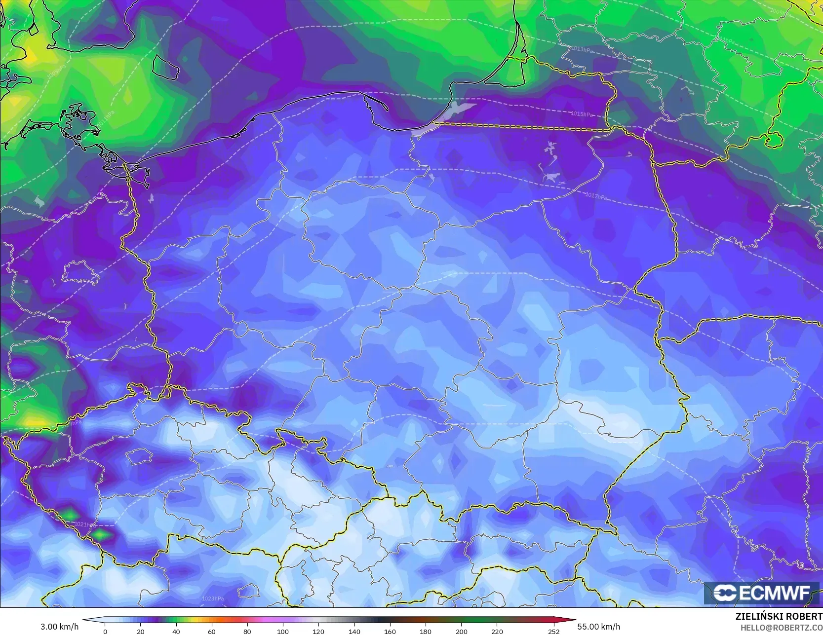 ECMWF IFS 0.25° modelo - Polonia, Ráfagas de Viento Máximas