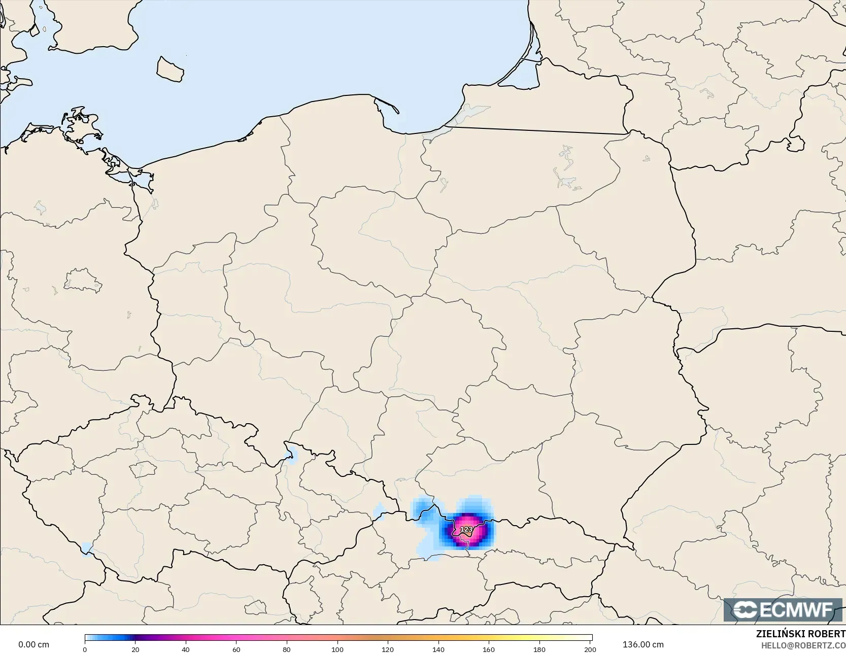 ECMWF IFS 0.25° modelo - Polonia, Profundidad de nieve