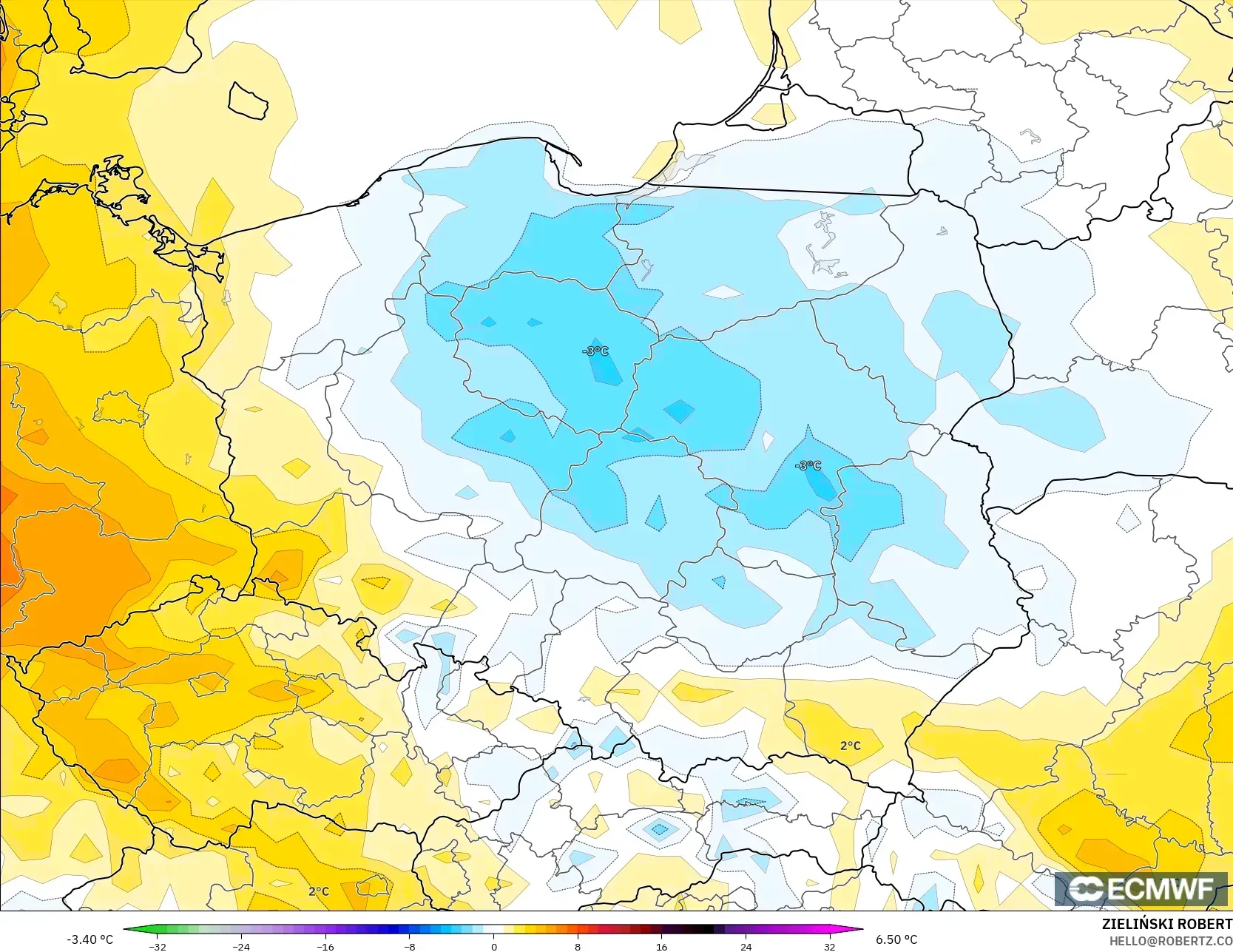 ECMWF IFS 0.25° modelo - Polonia, Anomalía de temperatura a 2 m
