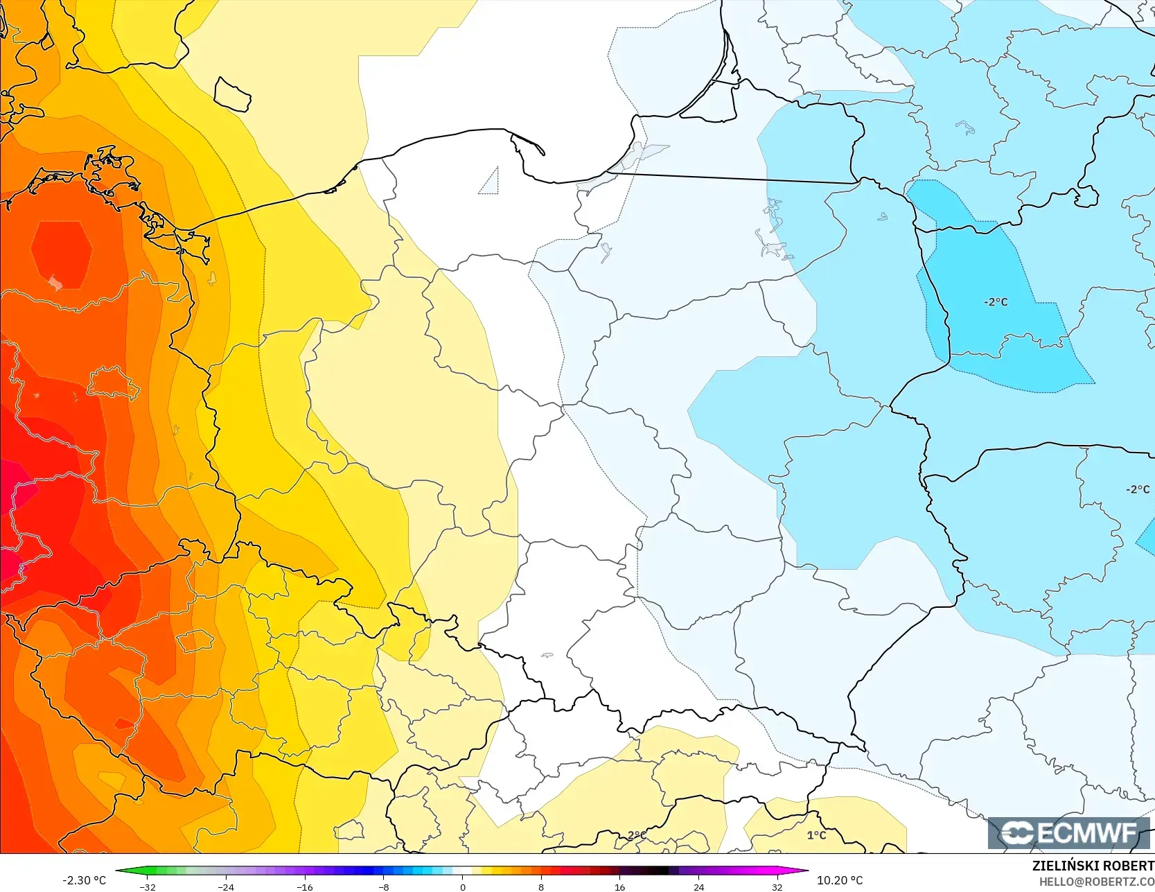 ECMWF IFS 0.25° modelo - Polonia, Anomalía de temperatura a 850 hPa