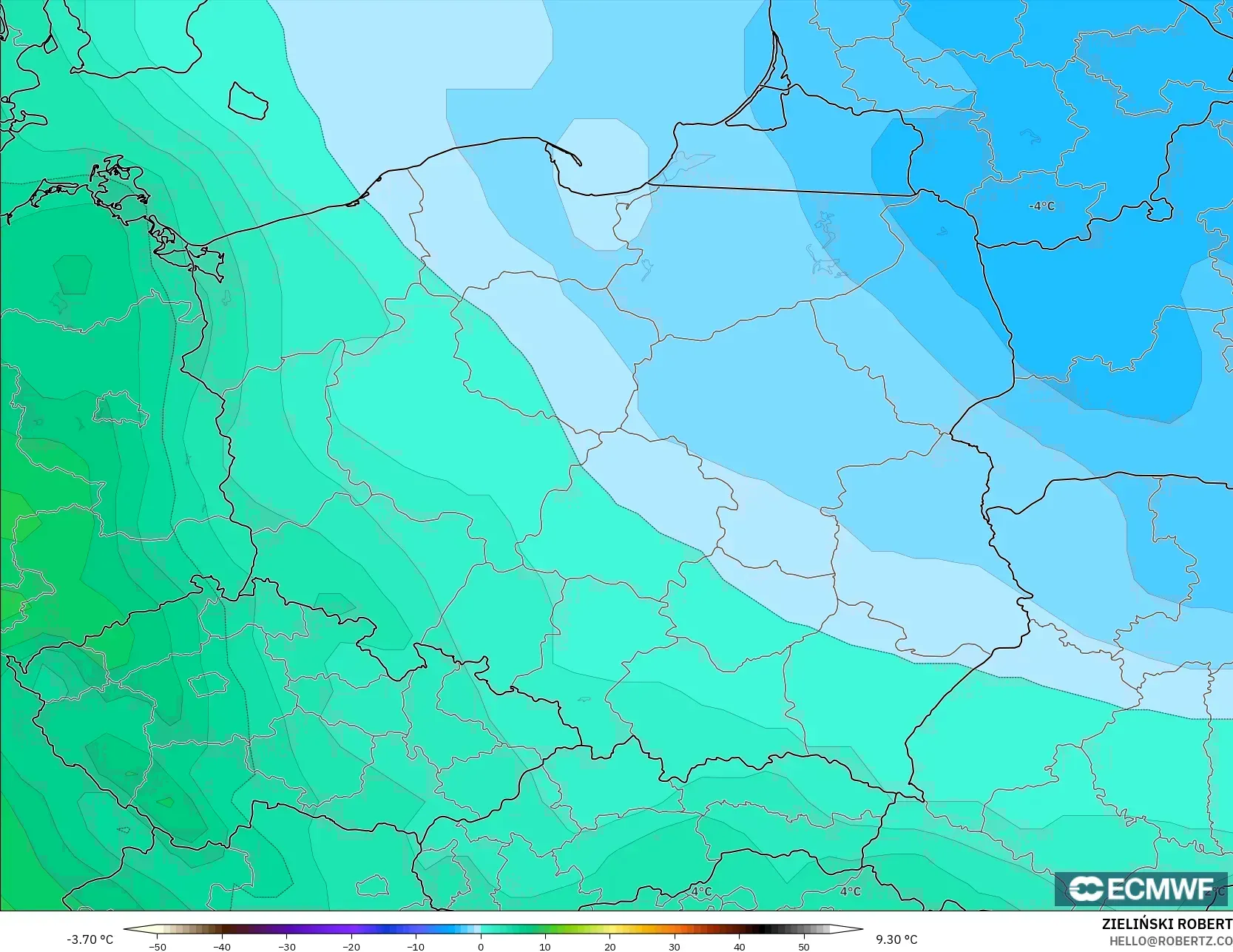 ECMWF IFS 0.25° modelo - Polonia, Temperatura a 850 hPa