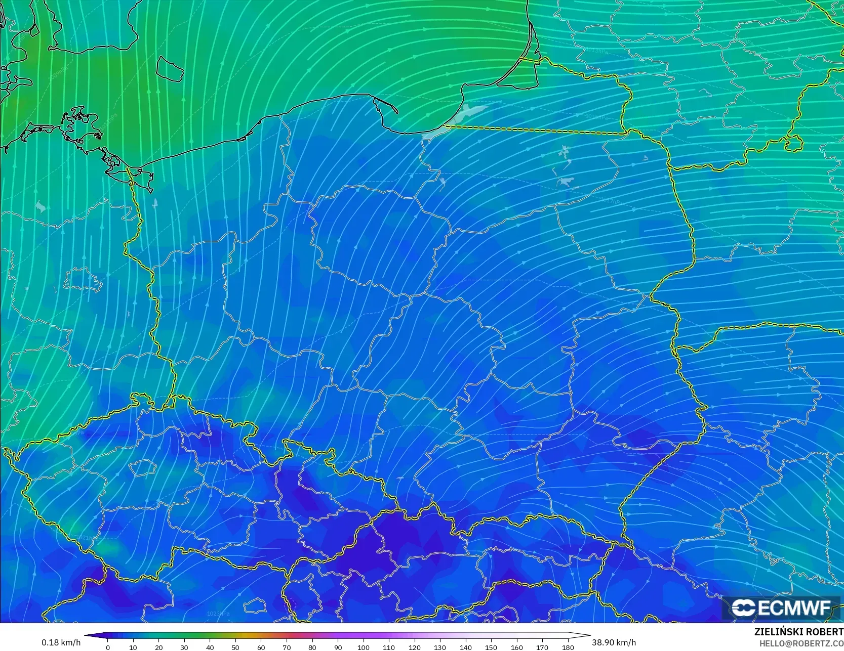 ECMWF IFS 0.25° modelo - Polonia, Viento a 10 m