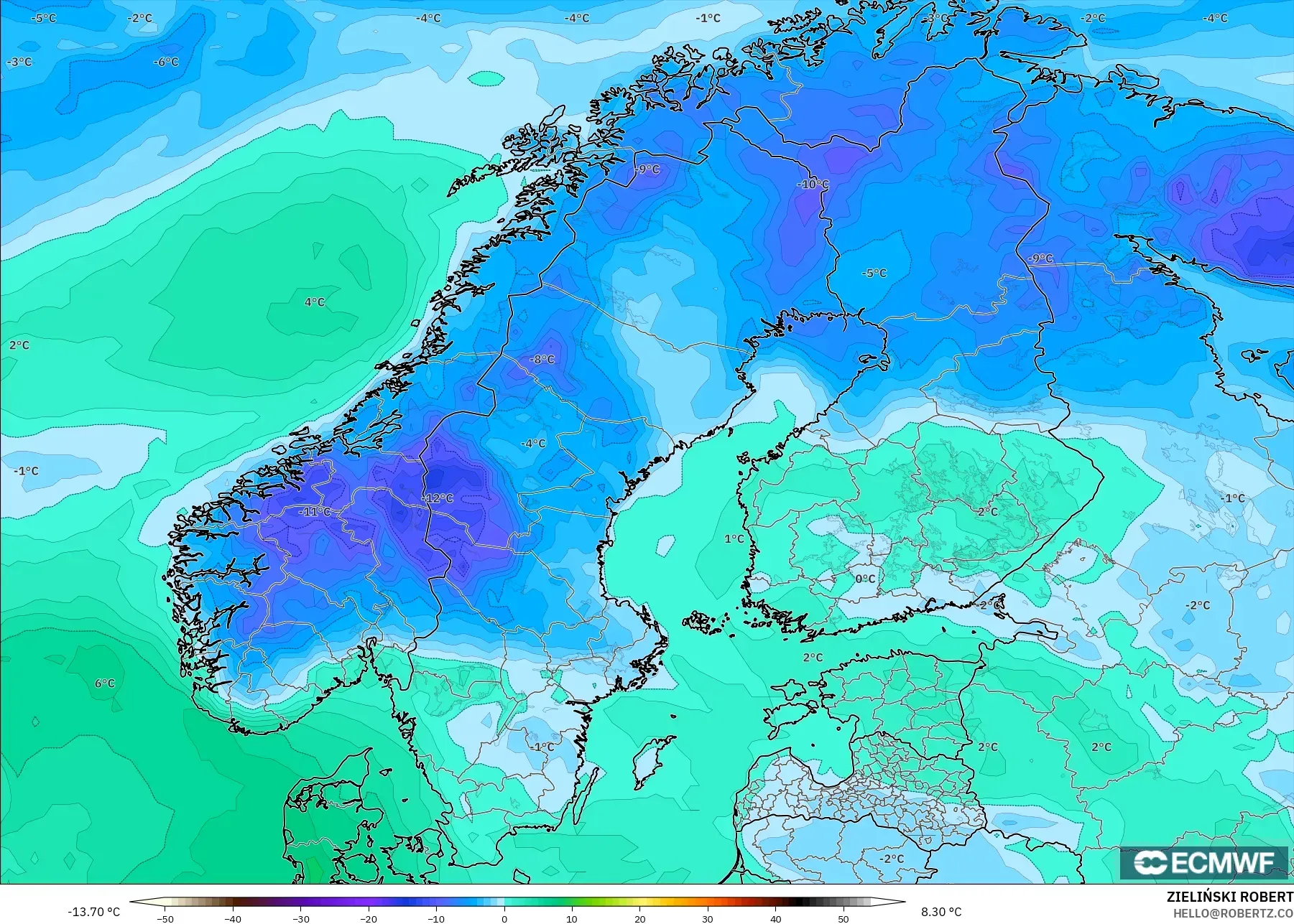 ECMWF IFS 0.25° modelo - Escandinavia, Punto de rocío a 2 m