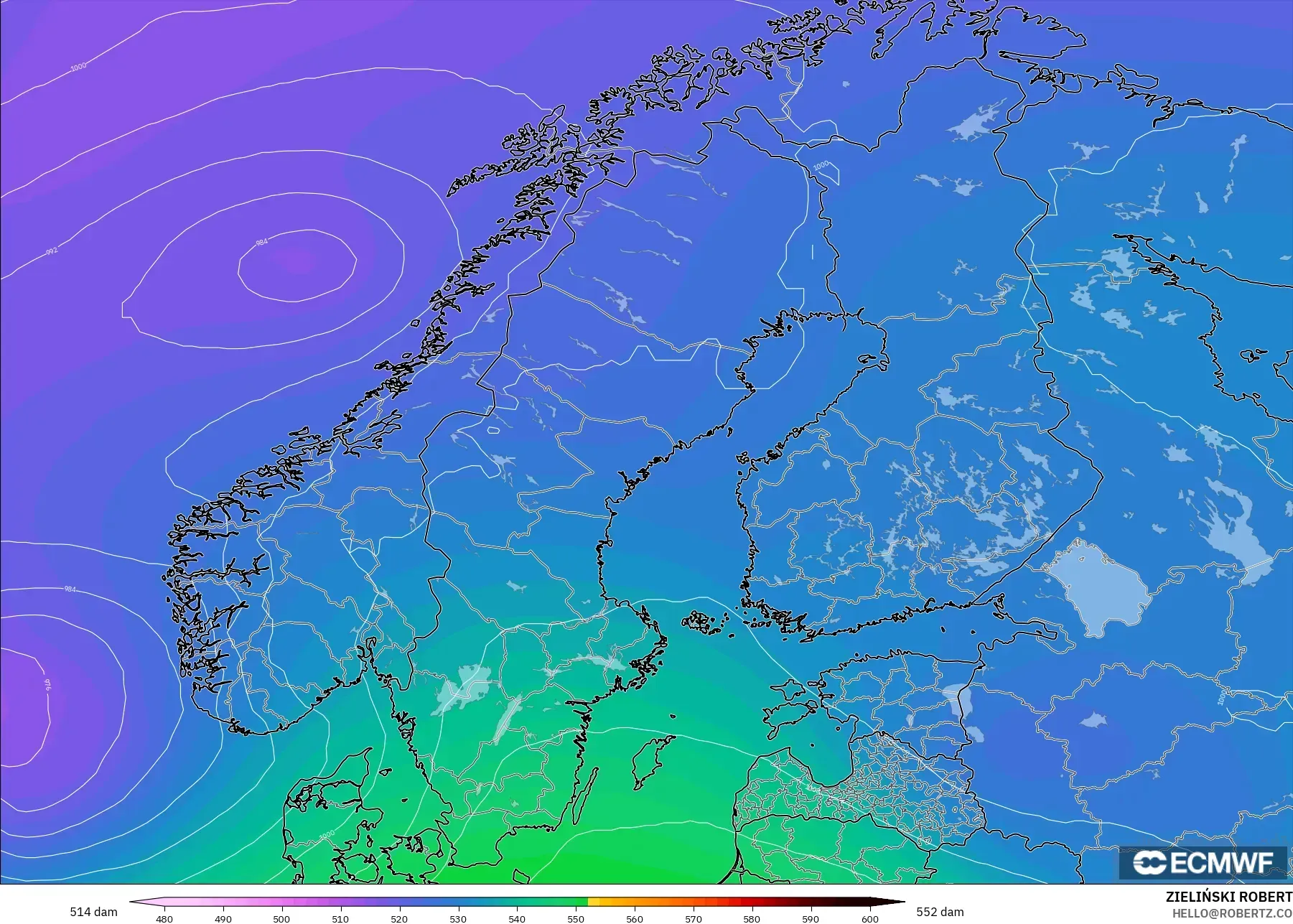 ECMWF IFS 0.25° modelo - Escandinavia, Altura geopotencial a 500 hPa