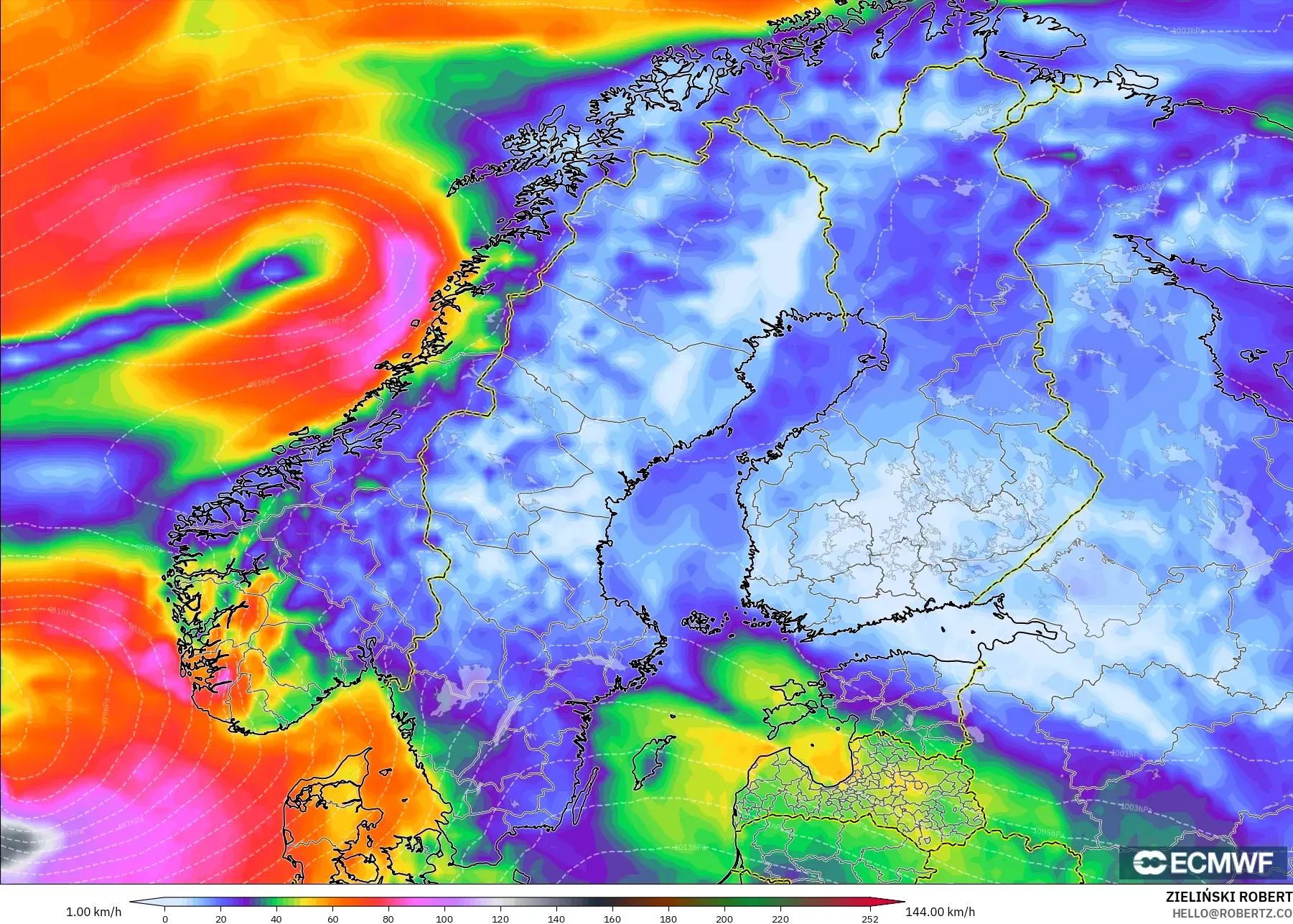 ECMWF IFS 0.25° modelo - Escandinavia, Ráfagas de Viento Máximas